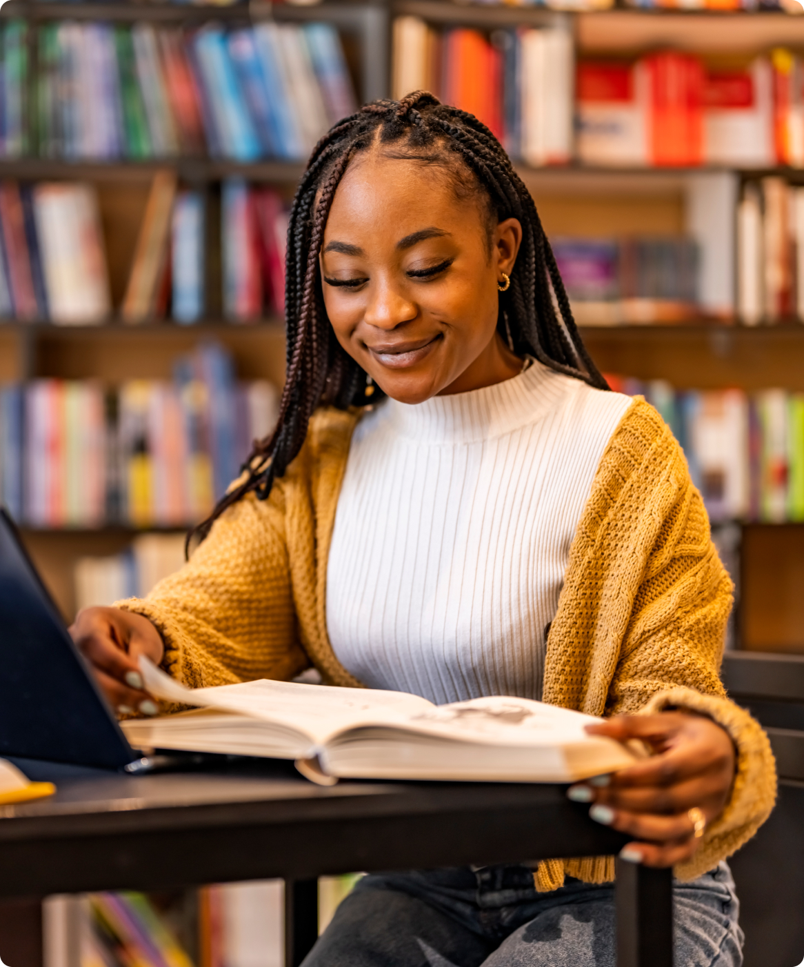 College student studying in a library