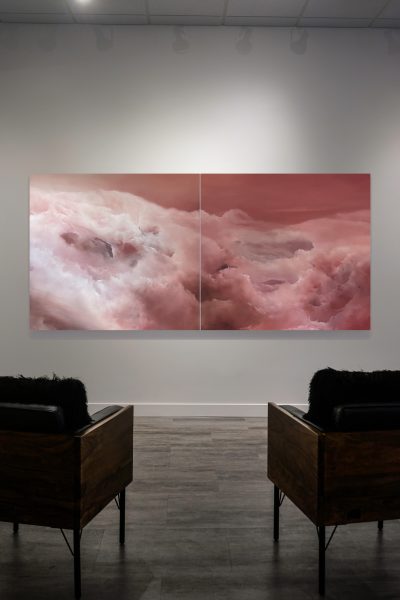 2-panel painting of pink fluffy clouds