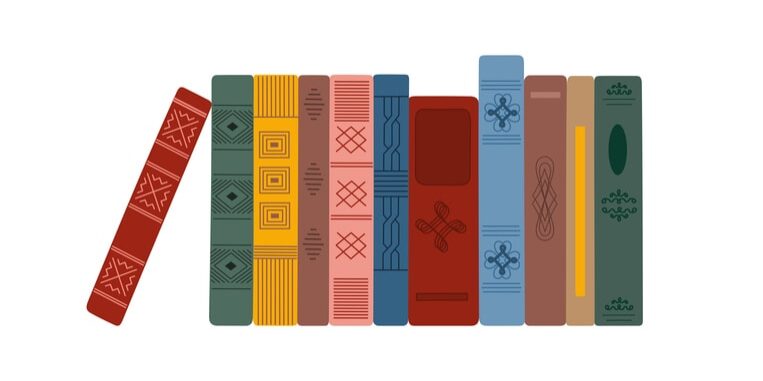 Collection of vertical standing books in colored vintage covers. Pile of different literature. Time to reading concept. Hand drawn vector illustration isolated on white background. Flat style.